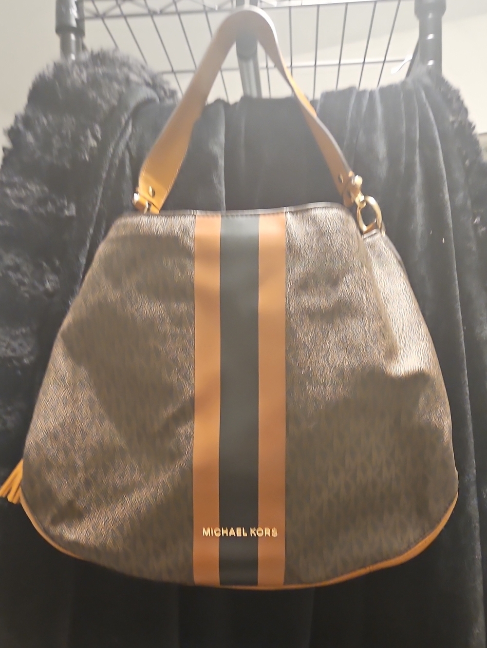 Michael Kors Brown and Black Vertical Stripe Hobo Bag